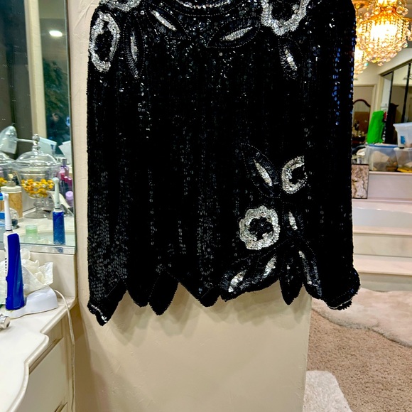 Black and White Sequin Embellished Long Sleeve Blouse with scalloped bottom - Picture 3 of 3